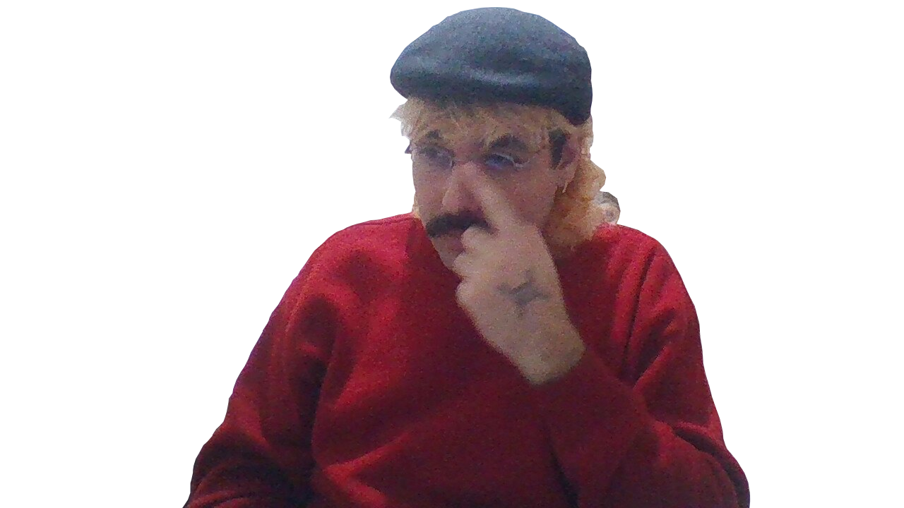 Pessoa branca de boina, cabelo comprido descolorido, óculos, e blusão vermelho. Aparece firmando o óculos nos olhos com o dedo.