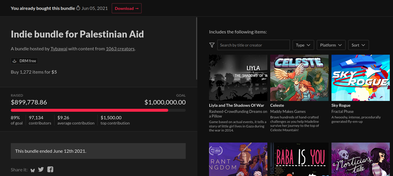 Captura de tela da página do site itch.io do Indie bundle for Palestinian Aid, que mostra a meta 1,000,000.00 dólares e a quantidade arrecadada 899,778.86 dólares. E o início da lista com os jogos que vem no bundle, é possível ver títulos como Lyla and The Shadows Of War, Celeste e Sky Rogue