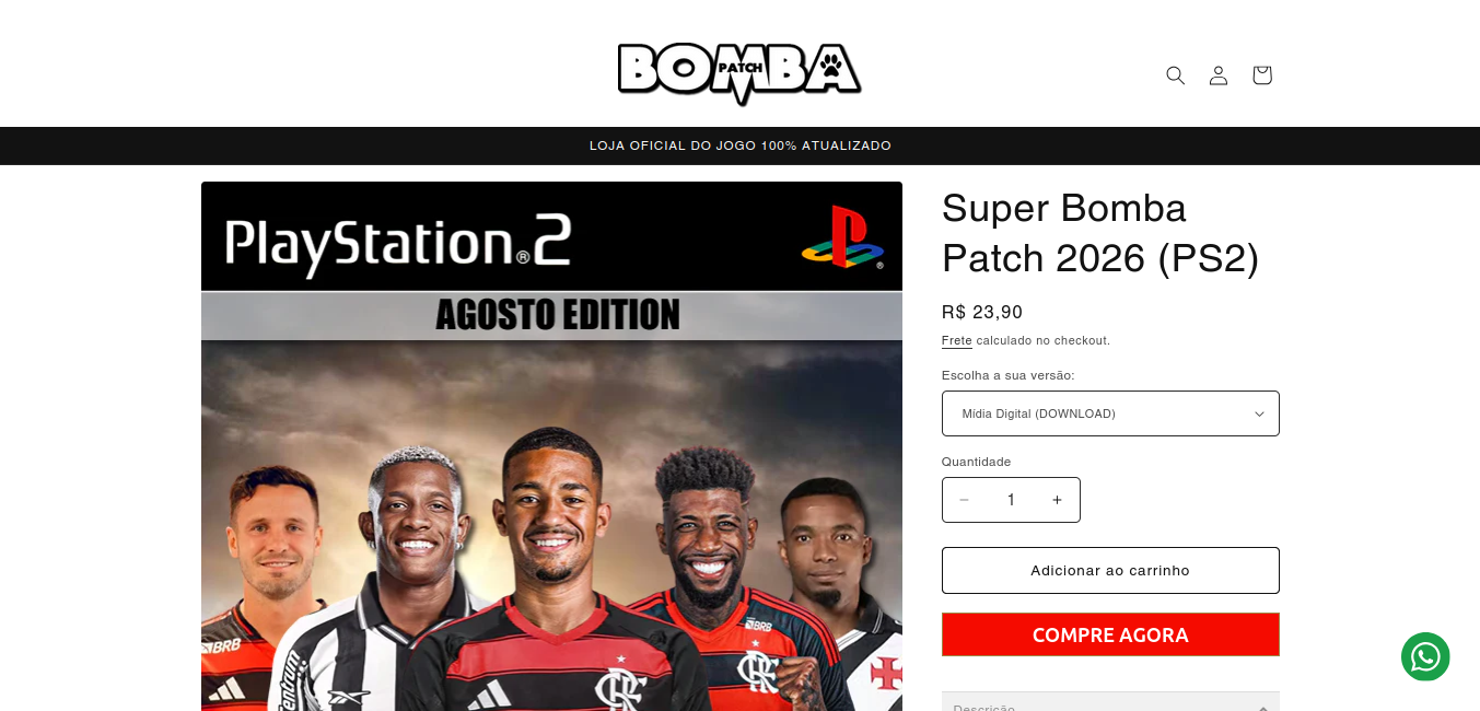 Captura de tela da página do site do bomba patch, com o jogo bomba patch 2026 agosto edition de Playstation2 com jogadores do flamengo, vasco e santos? Sendo vendido por 23,90 a mídia digital com botões de adicionar ao carrinho e compre agora.