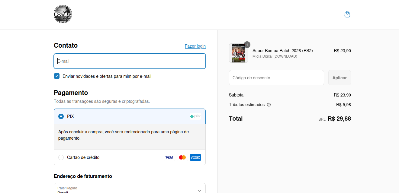 Captura de tela da página do site do bomba patch, na seção de pagamento tendo a opção de pagar com PIX ou cartão de crédito.