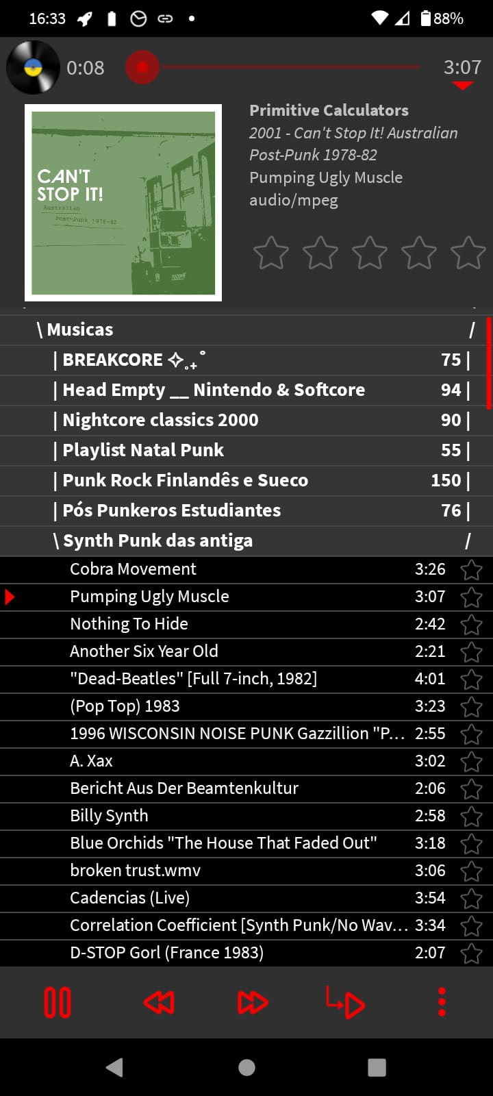 Captura de tela de celular android com o aplicativo SicMu Neo aberto, é possível ver um vinil, ao lado da linha do tempo da músico, e abaixo a imagem de capa da música, com seus dados. E embaixo é possível ver a pasta Musicas com todas as opções de outras pastas, onde a pasta Synth Punk das antiga está aberta com todas as possíveis músicas.