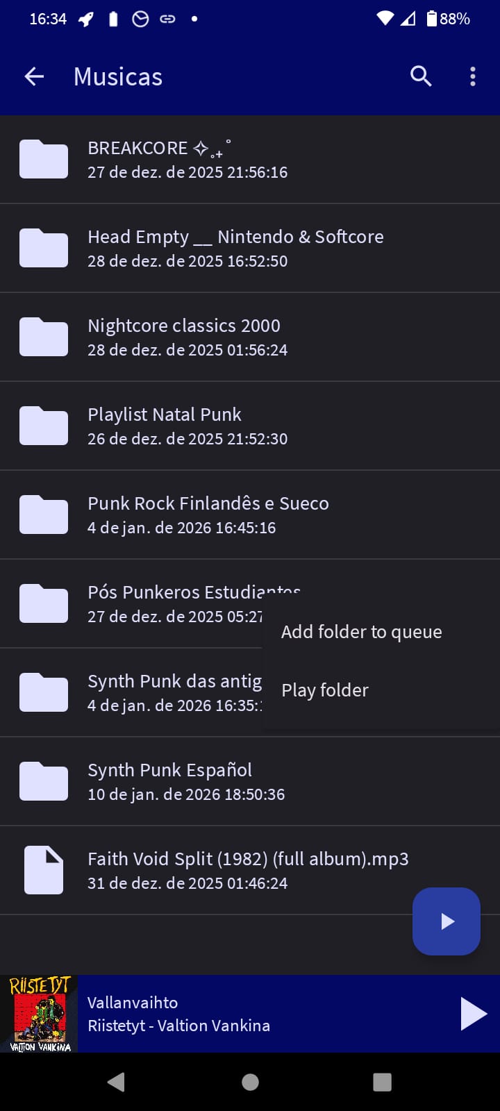 Captura de tela de celular android com o aplicativo SicMu Neo aberto, é possível ver a opção files, com todas as pastas disponíveis para tocar por pasta.