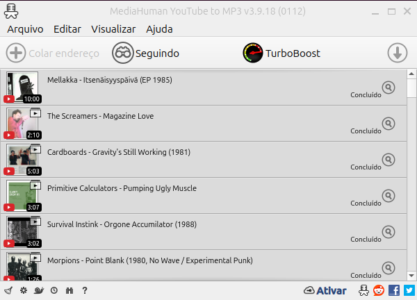 Print da interface do programa MediaHuman Youtube to MP3, é possível ver uma lista com várias músicas com seu download concluído.