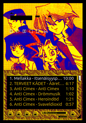 Gif com várias interfaces do winamp personalizadas: yugihoh, meninas super poderoas, laboratório de dexter, digimon, gelo, matrix, pokemon, vegeta, this is fine, diablo, arco íris, megaman, pinguim maluco, castlevania, alienígenas. Todas sendo mostradas em 0.75 segundos em um gif.