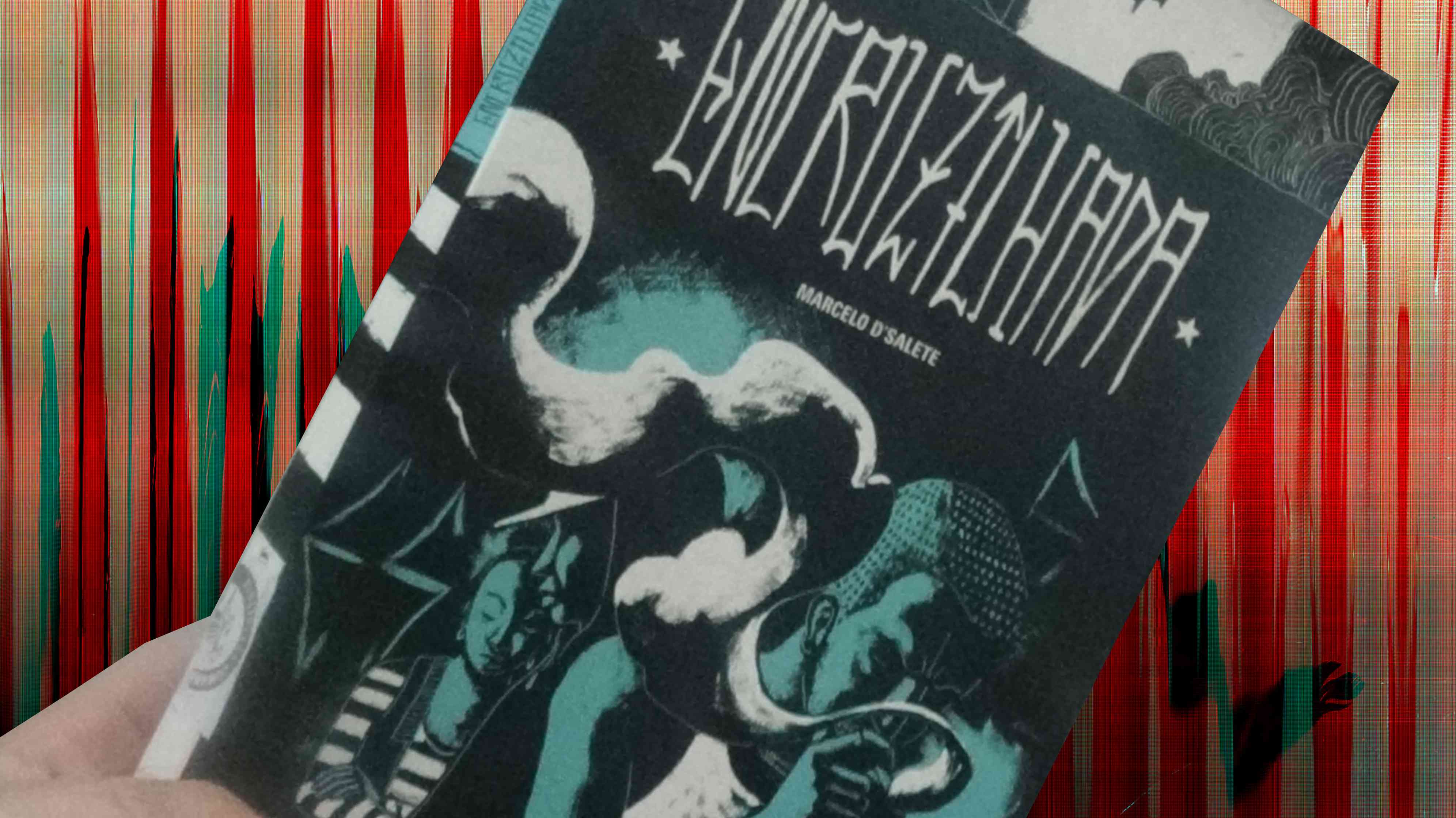 Quadrinho Encruzilhada sendo segurado por uma mão em um fundo psicodélico vermelho e azul. Na capa tem o título Encruzilhada seguido do nome do autor Marcelo D'Salete, e uma ilustração de três pessoas pretas, à frente, um homem negro que usa regata e cabelo curto raspado, e fuma um cigarro e a fumaça se dispersa tomando conta da capa, atrás tem uma pessoa preta de capuz e boné, e mais atrás uma mulher negra de coque e brincos aparece de olhos fechados e cruzando os braços.