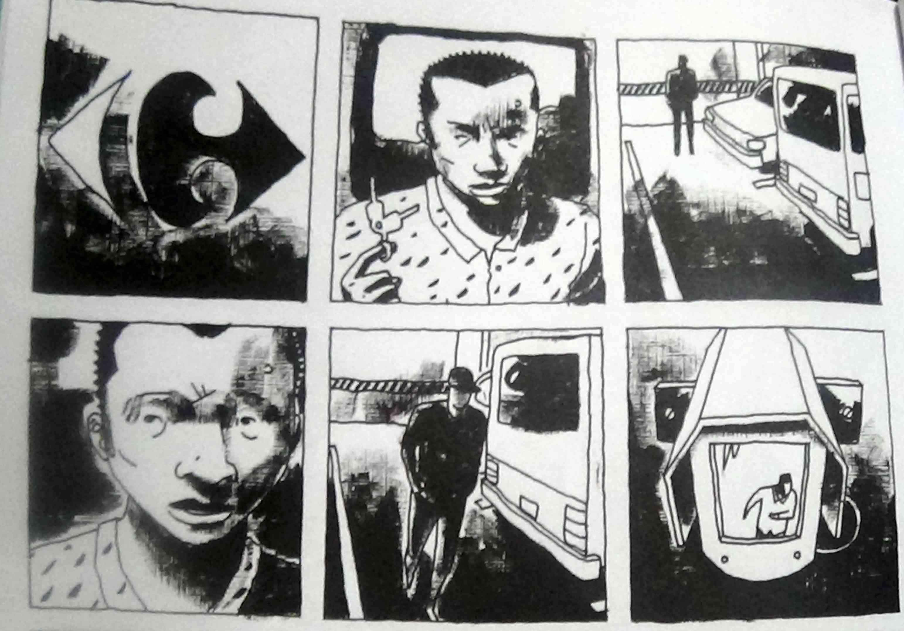 Foto de uma série de 6 quadros do quadrinho, no primeiro tem a logo do carrefour, depois um homem negro aparece despreocupado com uma chave na mão, percebe que está sendo seguido no estacionamento por um segurança, aparece preocupado, e o segurança se aproxima, o último quadro é o homem que está sendo perseguido enquadrado na câmera do supermercado.
