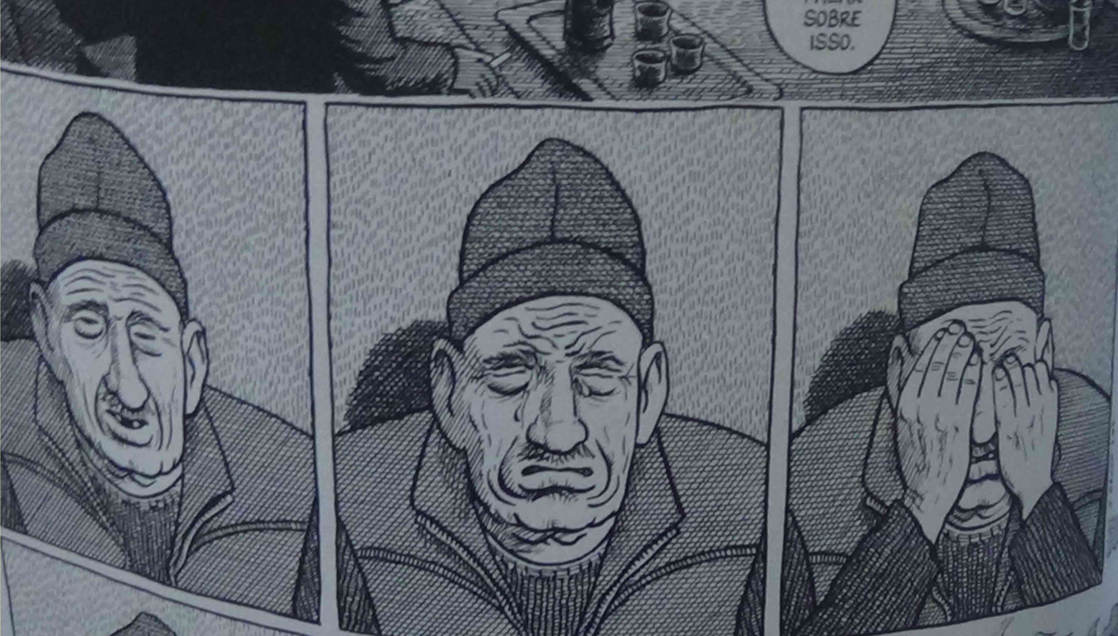 Foto de trecho do quadrinho com 3 quadros do idoso, indo às lágrimas e enxugando o rosto com as mãos.