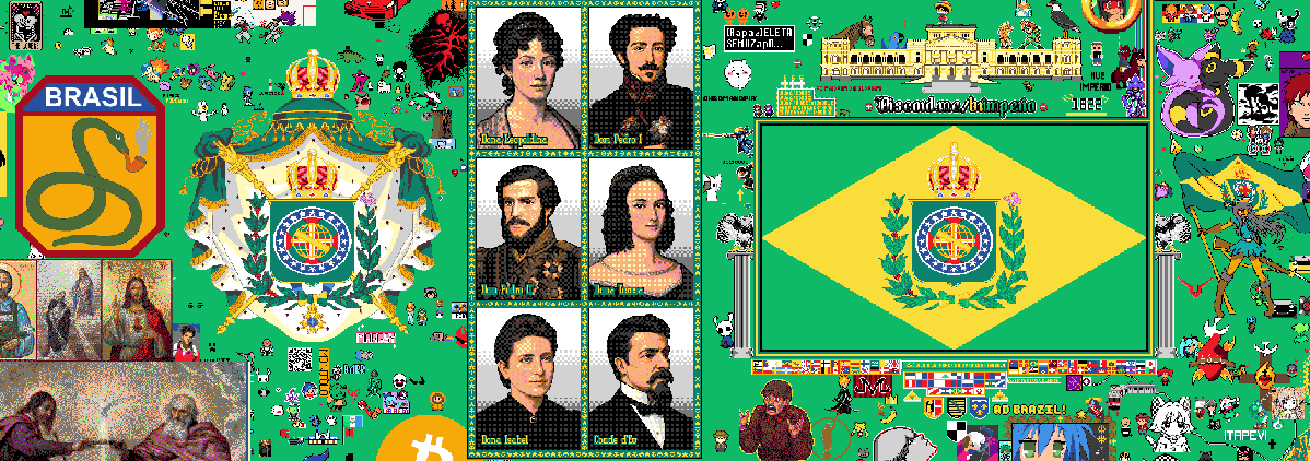 Mural em pixel art localizado em são paulo no wplace dedicado à monarquia brasileira, possui retratos da família real, bandeiras e brasões monarquistas, personagens segurando a bandeira do brasil monarca, pinturas católicas e símbolo dos Cobras Fumantes (FEB).