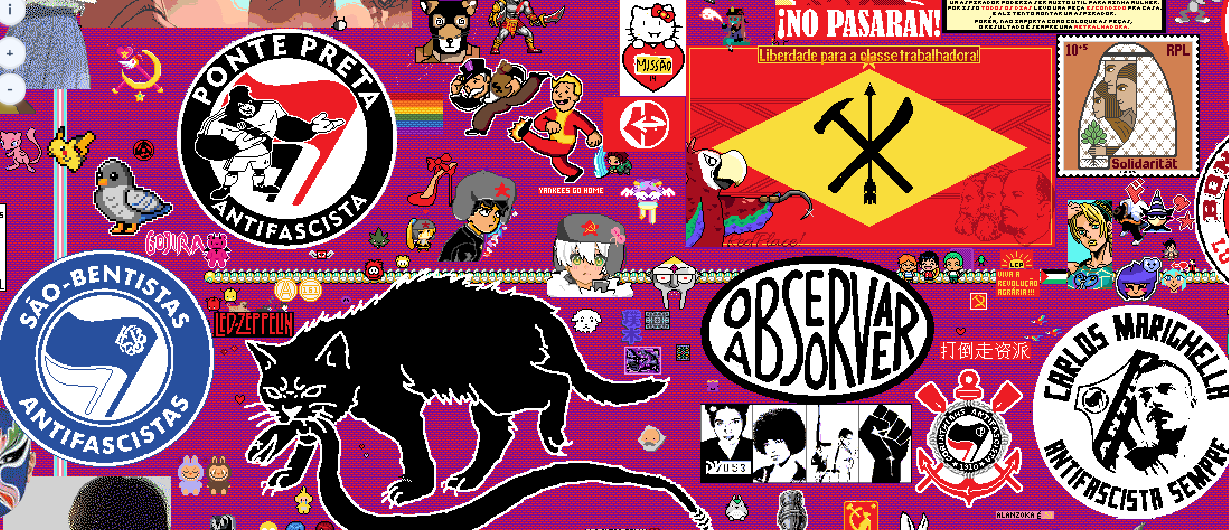Mural de pixel art antifascista onde é possível ver simbolo ponte preta antifascista, são-bentistas antifascistas, um gato preto matando uma cobra, bandeira do brasil socialista, um personagem chutando um burguês, símbolo do corinthians antifascista, santos antifa carlos marighela antifascista sempre, selo de solidariedade palestina, homenagem ao movimento negro, símbolo observar e absorver do eduardo marinho, e outros.