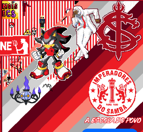 Escudo do internacional, em fundo branco e vermelho, é possível ver o Zé Pilintra segurando o chapéu gingando, ao lado do Shadow com a camisa do Inter vibrando, ao lado de um pokémon lustre. Embaixo é possível ver uma homenagem à escola de samba Imperadores do Samba, e embaixo escrito A escola do povo.