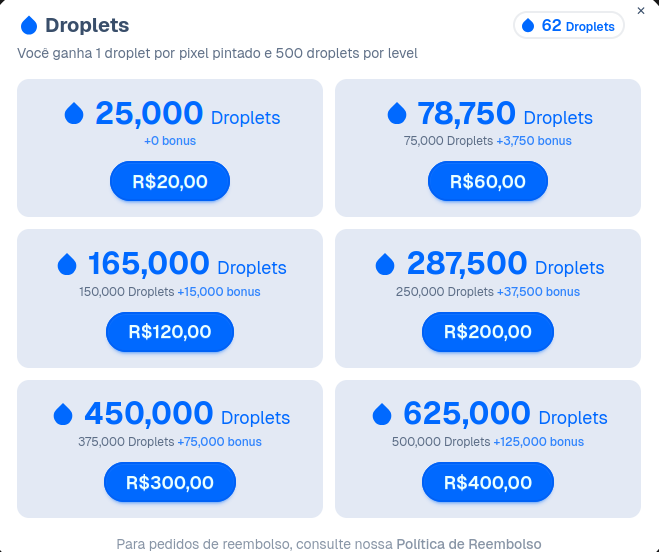 Interface de Loja do wplace. Mostra uma variedade de compras de droplets que é possível fazer: 25,000 droplets por 20 reais | 78,750 droplets por 60 reais | 165,000 por 120 reais | 287,500 por 200 | 450,000 por 300 | 625,000 por 400.