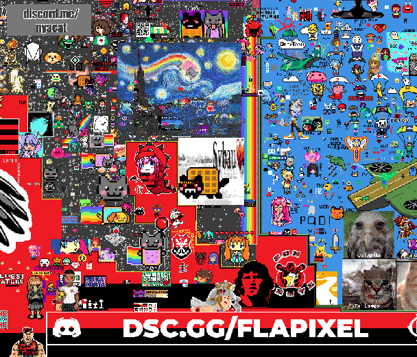 Print de pixel arts localizadas no Rio de Janeiro, onde é possível ver dois links do discord sendo divulgados em pixel art, um pertencente a um mural coletivo dedicado ao nyan cat discord.me/nyacat, e outro pertencente a um mural coletivo dedicado ao Clube de Regatas Flamengo dsc.gg/flapixel.