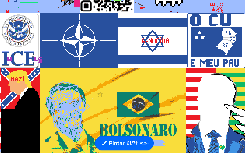 Mural de pixel art da extrema direita. Possui homenagens ao ICE, Tratado Atlantico Norte, Bandeira de Israel, Bandeira do Sul é meu País, bandeira confederada dos EUA com o rosto do Trump, rosto do bolsonaro e no lado escrito bolsonaro presidente e um rosto do eduardo bolsonaro com as cores dos eua e do brasil. Essas artes estão zuadas, ICE foi transformada em InCEls, bandeira de israel foi escrito genocida em cima, O Sul é meu País foi modificado para O Cu é meu Pau, foi escrito nazi em cima do rosto do trump e o  rosto do bolsonaro e do eduardo foram riscados.