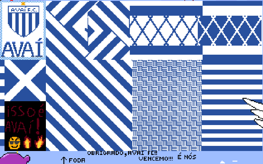Mural de pixel art que antes era totalmente da extrema direita e agora está cheio de padrões azul e branco, um escudo do avaí, um quadrado escrito -isso é avaí!- e uma mensagem escrita -obrigrado, avai fc!! vencemo!!! é nós-.