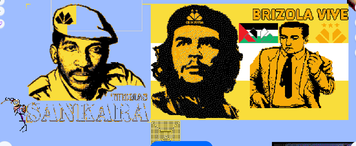 Mural de pixel art em homenagem ao Criciúma Esporte Clube, possui o Thomas Sankara com uma boina e símbolo do criciúma sendo finalizado, o che guevara também com boina e símbolo do criciúma, o brizola de terno e gravata com os escritos -brizola vive- ao lado do escudo. E uma bandeira da palestina com o escudo do criciúma.